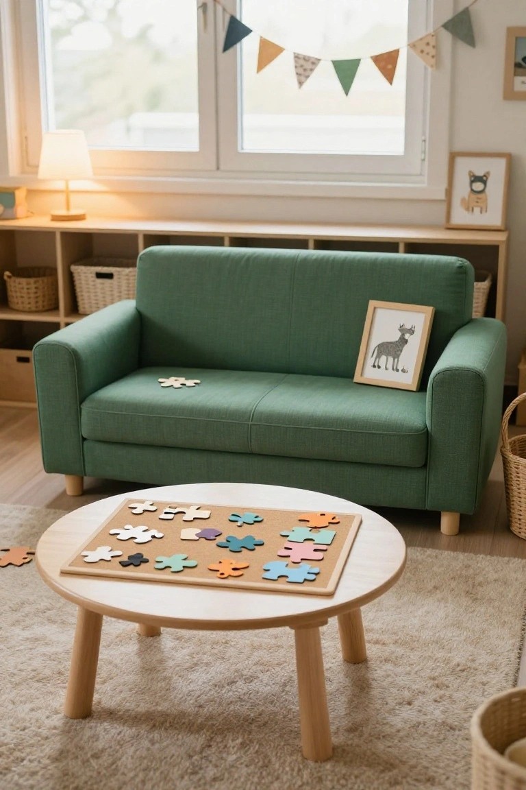 Green fabric sofa in a playroom with wooden shelves holding baskets, a round wooden coffee table covered in colorful wooden puzzle pieces, and framed animal artwork on walls and beside the sofa.