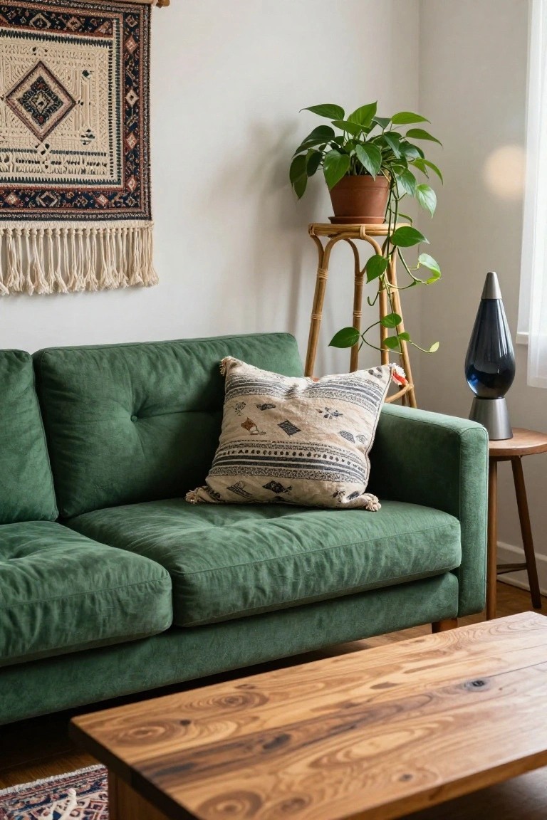 Living room with emerald green velvet sofa on tufted cushions, patterned throw pillow, woven tapestry wall hanging, potted trailing plant on bamboo stand next to blue lava lamp on wood side table, and live-edge wood coffee table on patterned rug.