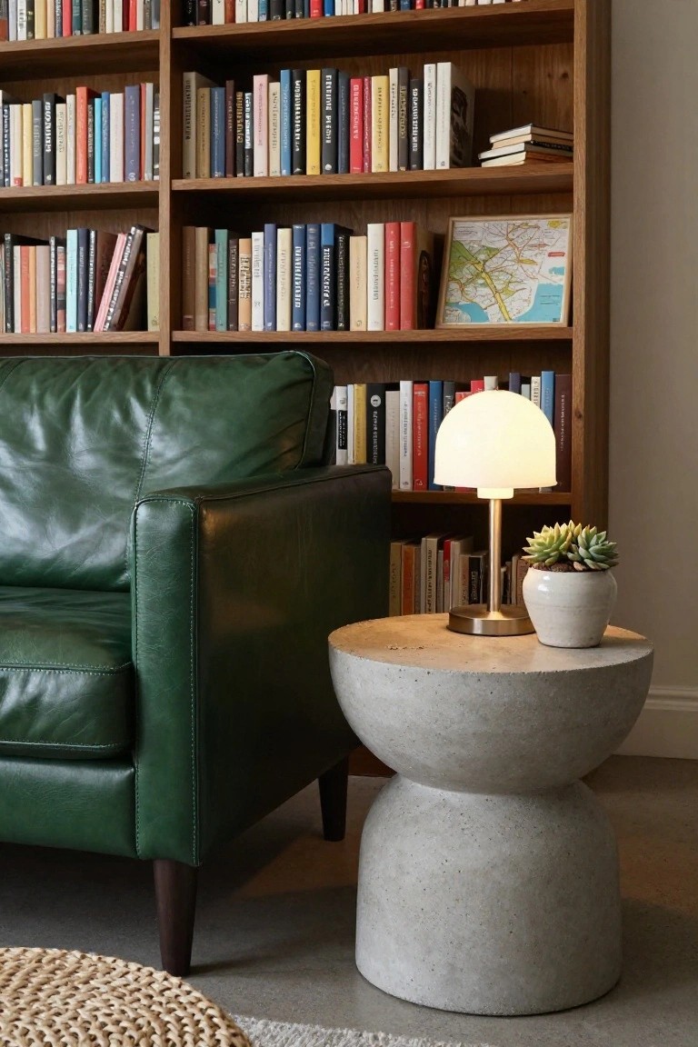 Green leather sofa positioned next to wooden bookshelves filled with books, with a concrete side table nearby holding a white lamp and potted succulent plant.