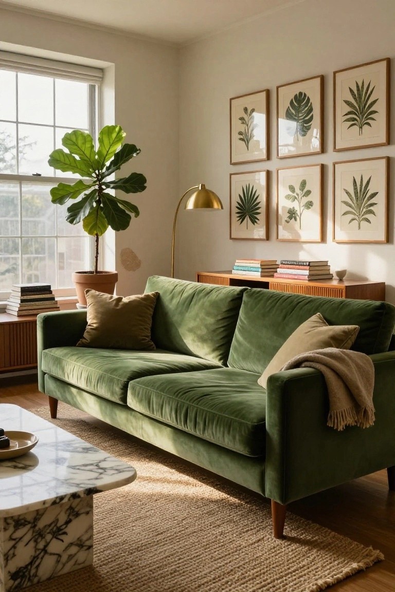 A sunlit living room corner with emerald green velvet sofa, wooden credenza stacked with books, marble coffee table, large potted fiddle leaf fig plant, gold arc lamp, and grid of six framed green botanical prints on white walls beside a window.