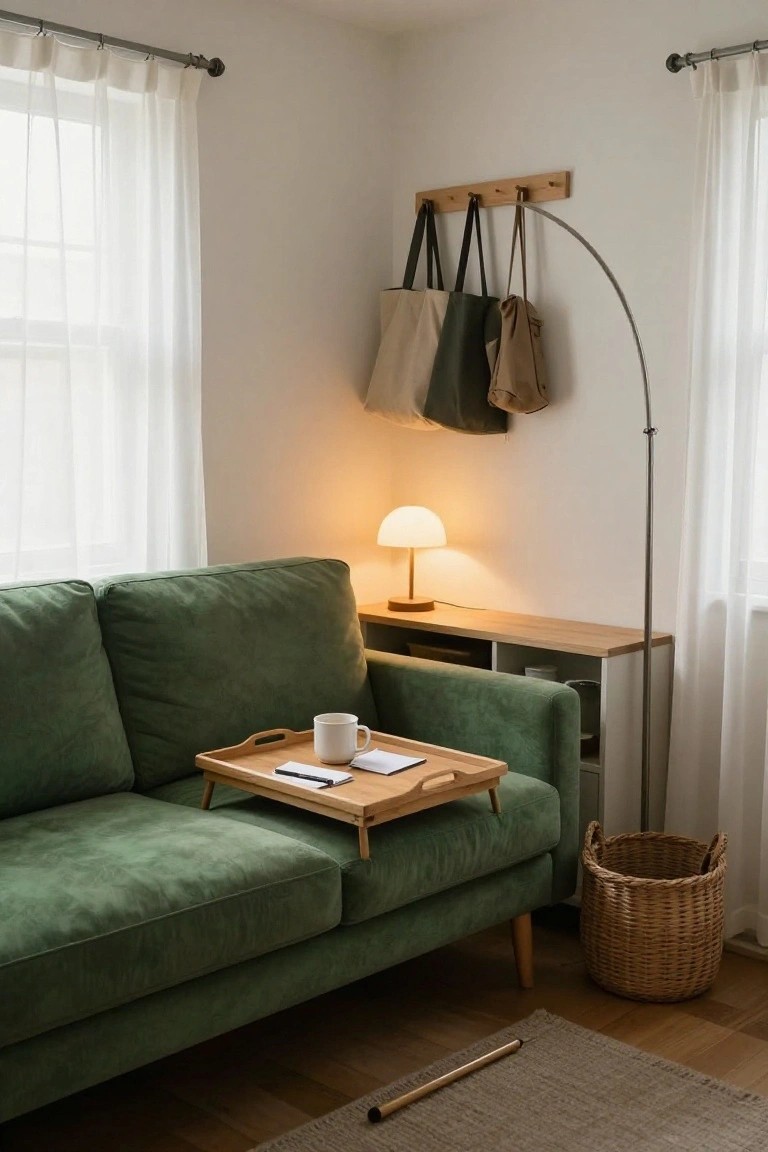 Bright living room corner with green velvet sofa, wooden tray on arm holding white mug and papers, sheer curtains on two windows, oak console with lamp, wall rack with hanging bags, and wicker basket on floor.