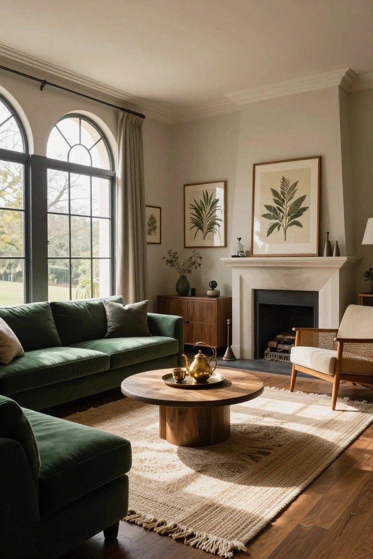 Living room with two forest green velvet sofas in an L-shape around a round wooden coffee table on a beige rug, facing a stone fireplace and large arched windows overlooking trees and lawn, with botanical fern prints on walls and neutral cabinetry.