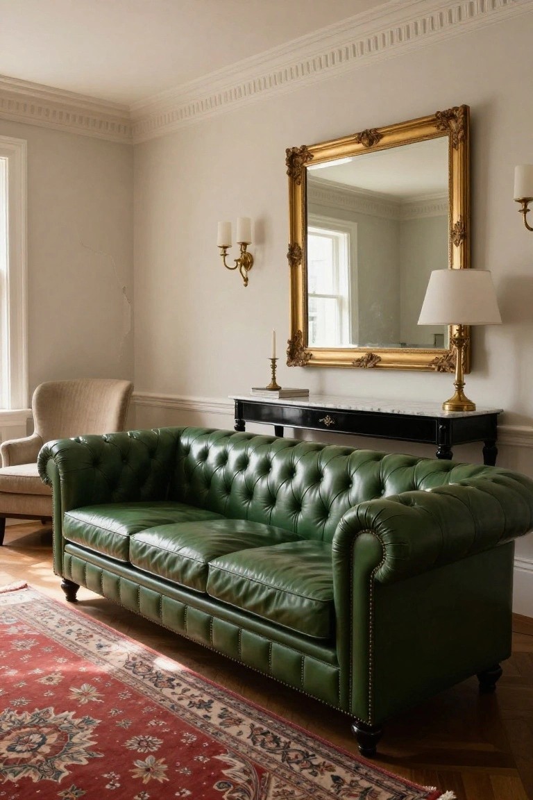 A tufted forest green leather Chesterfield sofa sits on a parquet floor in a light gray room with pale walls, a matching beige armchair nearby, black console table topped with books and candle, large gold-framed mirror, wall sconces, table lamp, and red Persian rug.