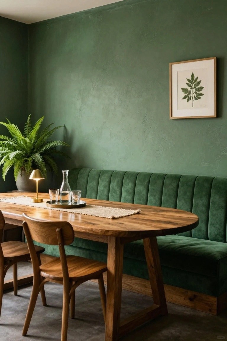 Dining nook with green velvet tufted banquette against green textured wall, oval wooden table with runner and brass tray of glasses, wooden chairs, desk lamp, potted fern, and framed leaf artwork.