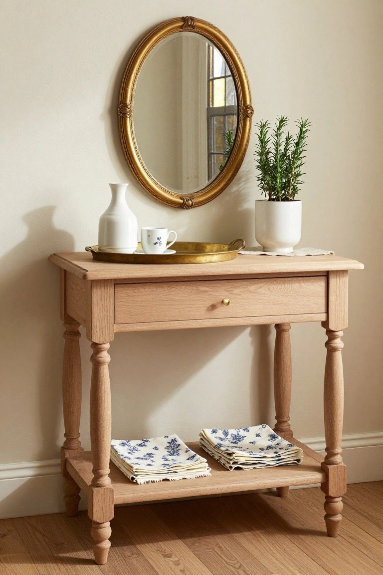 Wooden console table with drawer, mirror, vase, mug, and plant.