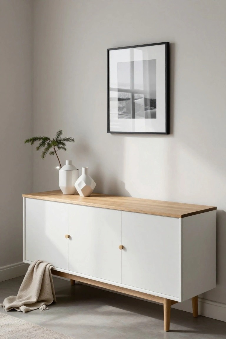 A white sideboard with a light wood top and minimal gold knobs stands against a plain wall beneath a framed black and white print, with two white vases and a small plant on the surface.
