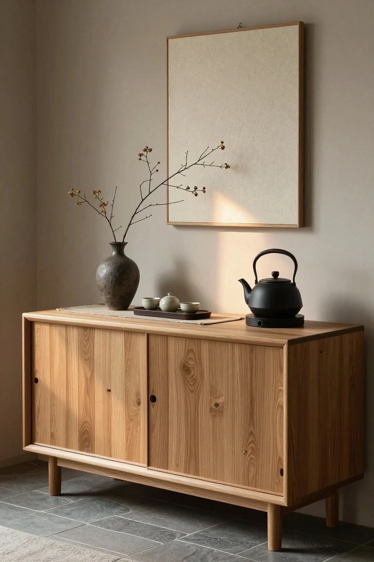 A light wood sideboard cabinet with a vase of branches, tea set on a tray, and black kettle on top sits below a framed artwork on a plain wall.