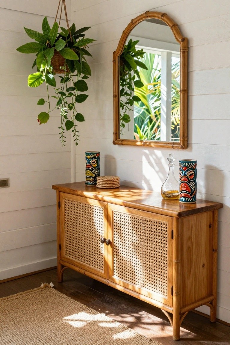 A wooden sideboard with cane doors holds colorful tiki mugs and a glass decanter beneath an arched bamboo mirror on a white wall.