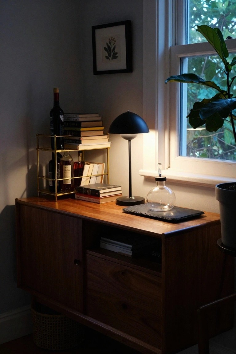 Wooden sideboard with books, lamp, bottles, and plant near window.