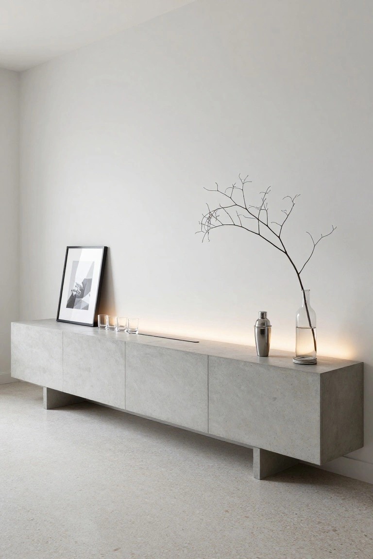 Minimalist concrete console with framed art, branches, and glassware against white wall.