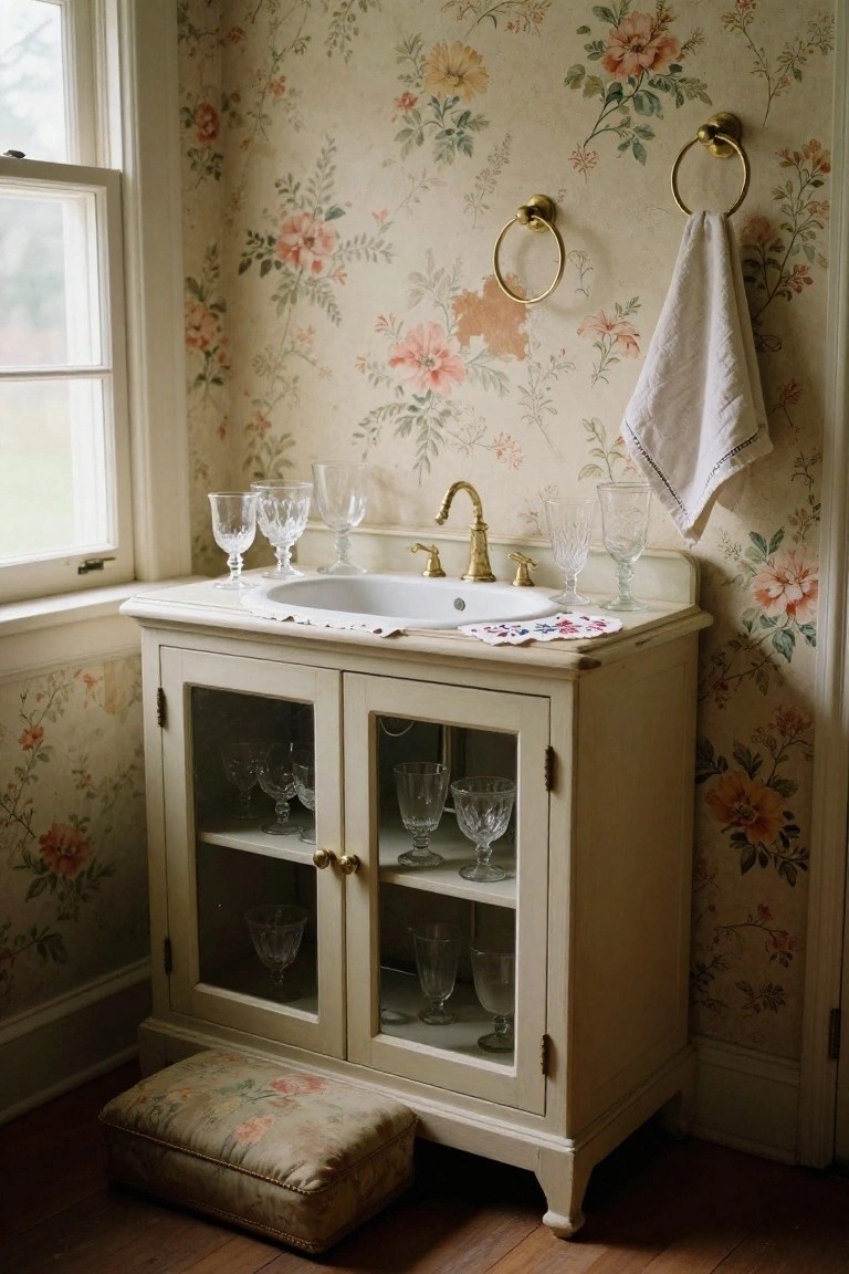 A cream painted sideboard with glass doors used as a vanity sink, showing rows of crystal glasses inside, set against floral wallpaper with brass towel rings on the wall.