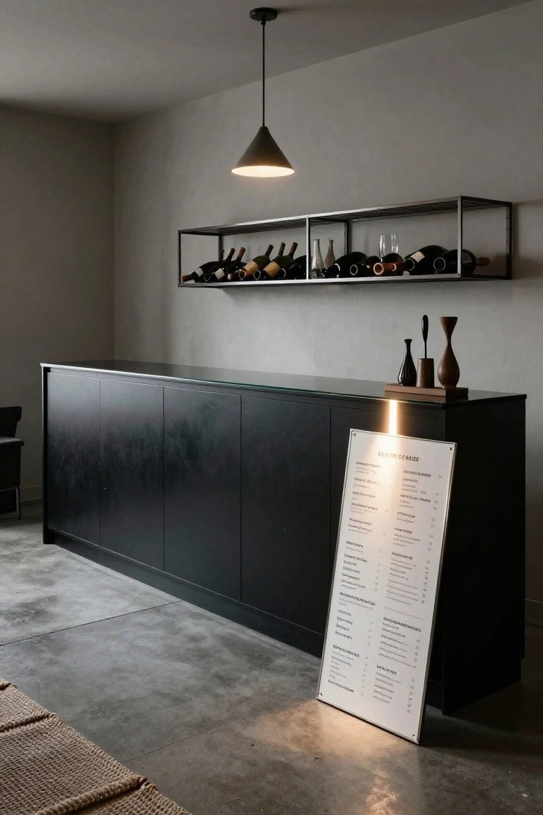 A long dark sideboard with open metal shelves above holding wine bottles in a minimalist room.