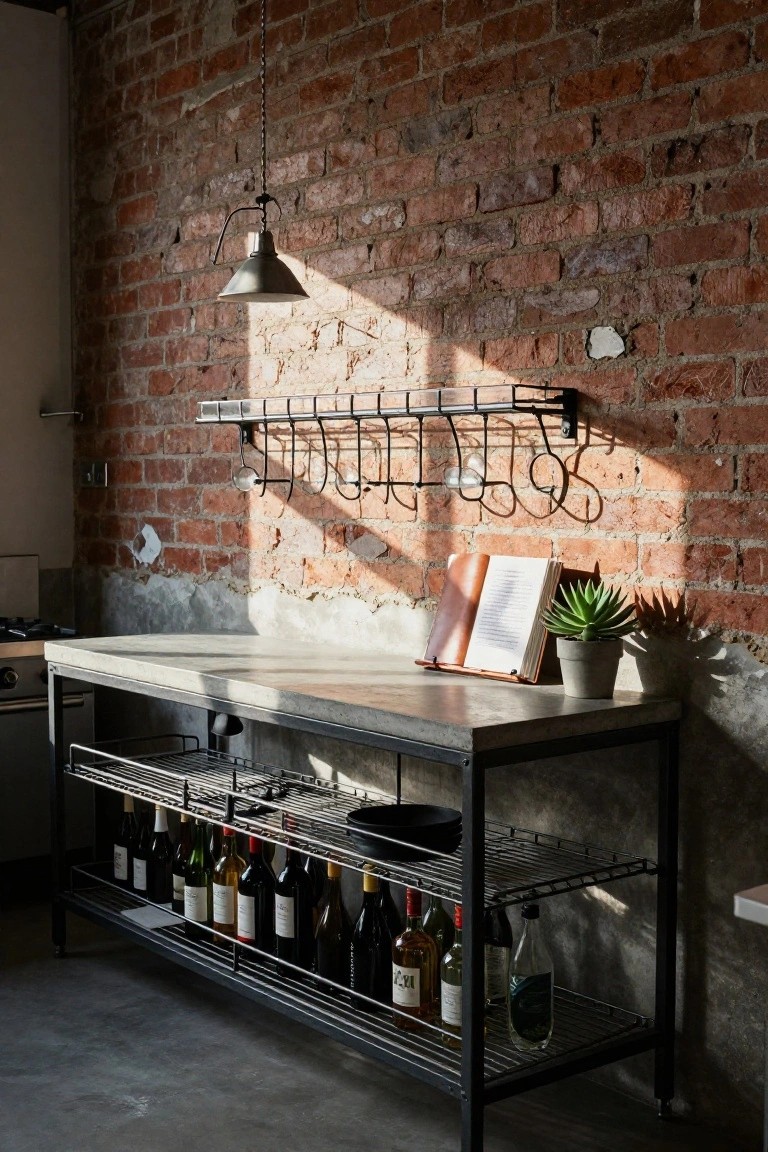 A metal-framed sideboard with a concrete top displays wine bottles on lower wire shelves, a hanging glass rack mounted on a red brick wall above, and a few decorative items on the surface.