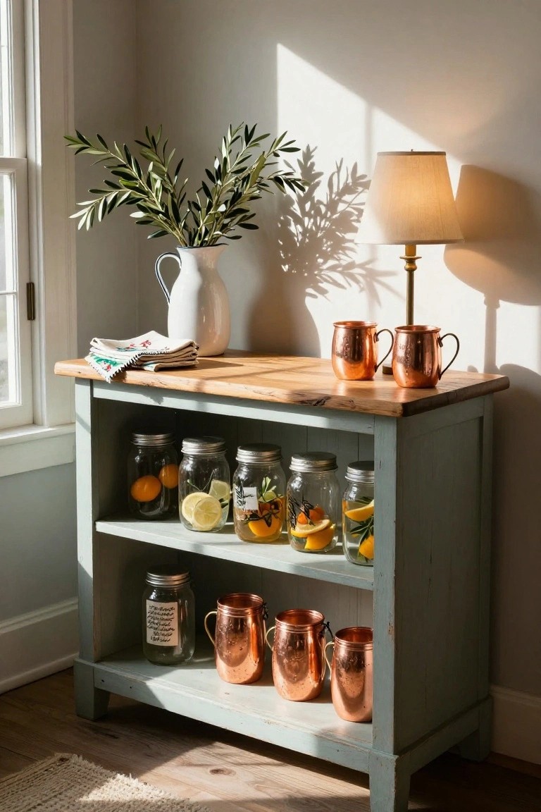 A light blue sideboard with a wood top displays copper mugs, a lamp, a white pitcher with greenery, and open shelves holding mason jars filled with citrus slices and more copper mugs on the bottom shelf.