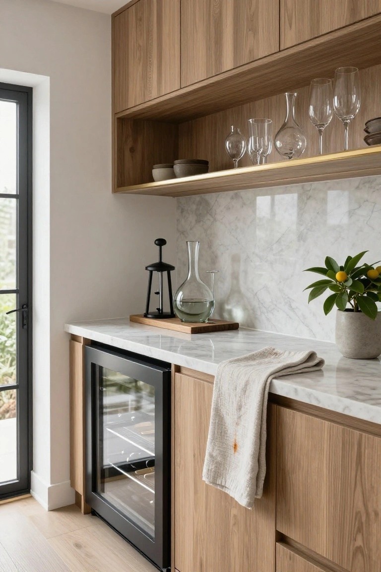 A kitchen bar area with light wood cabinetry, a marble countertop, a built-in wine refrigerator, and open upper shelving holding glassware and serving pieces.
