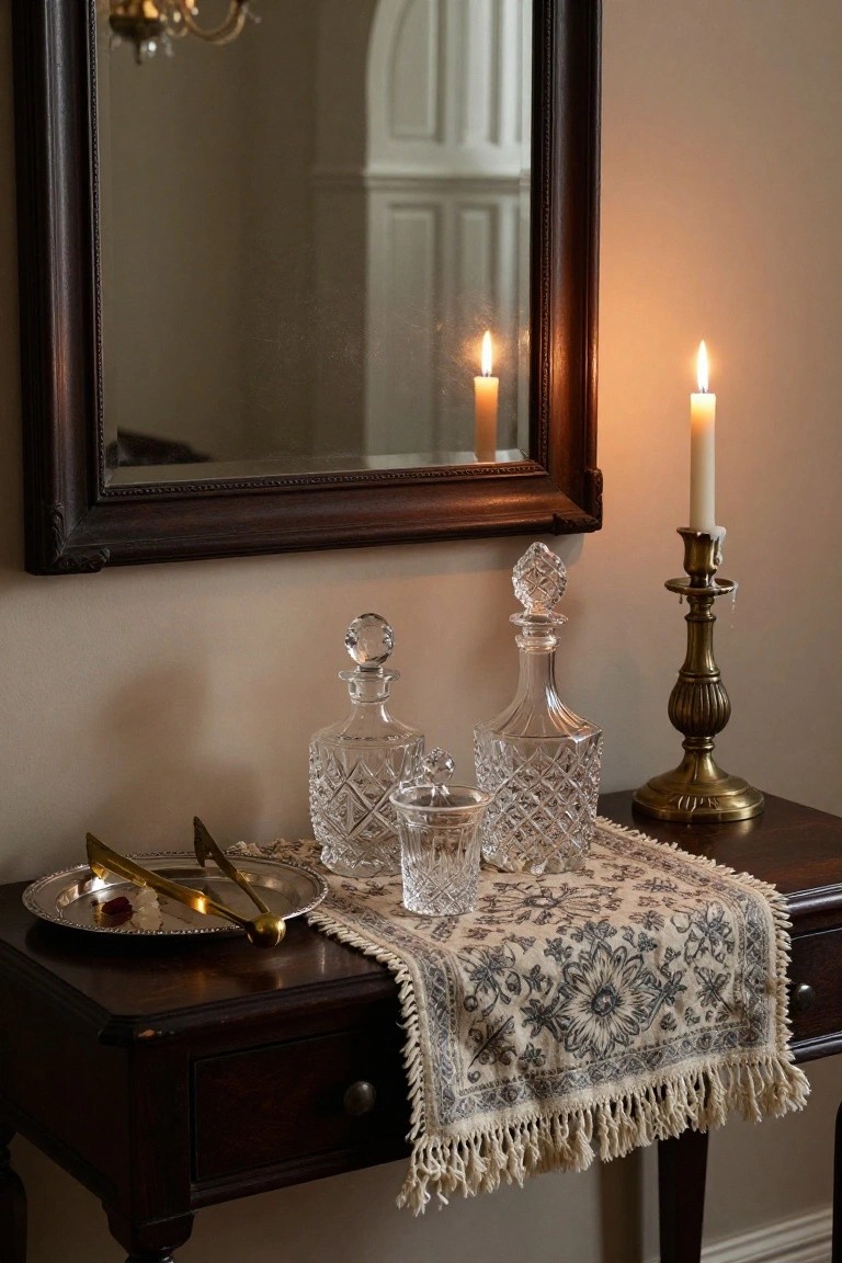 A dark wood sideboard holds two crystal decanters, a small glass, a silver tray with tongs, and two lit candles, with a patterned runner and a mirror above.