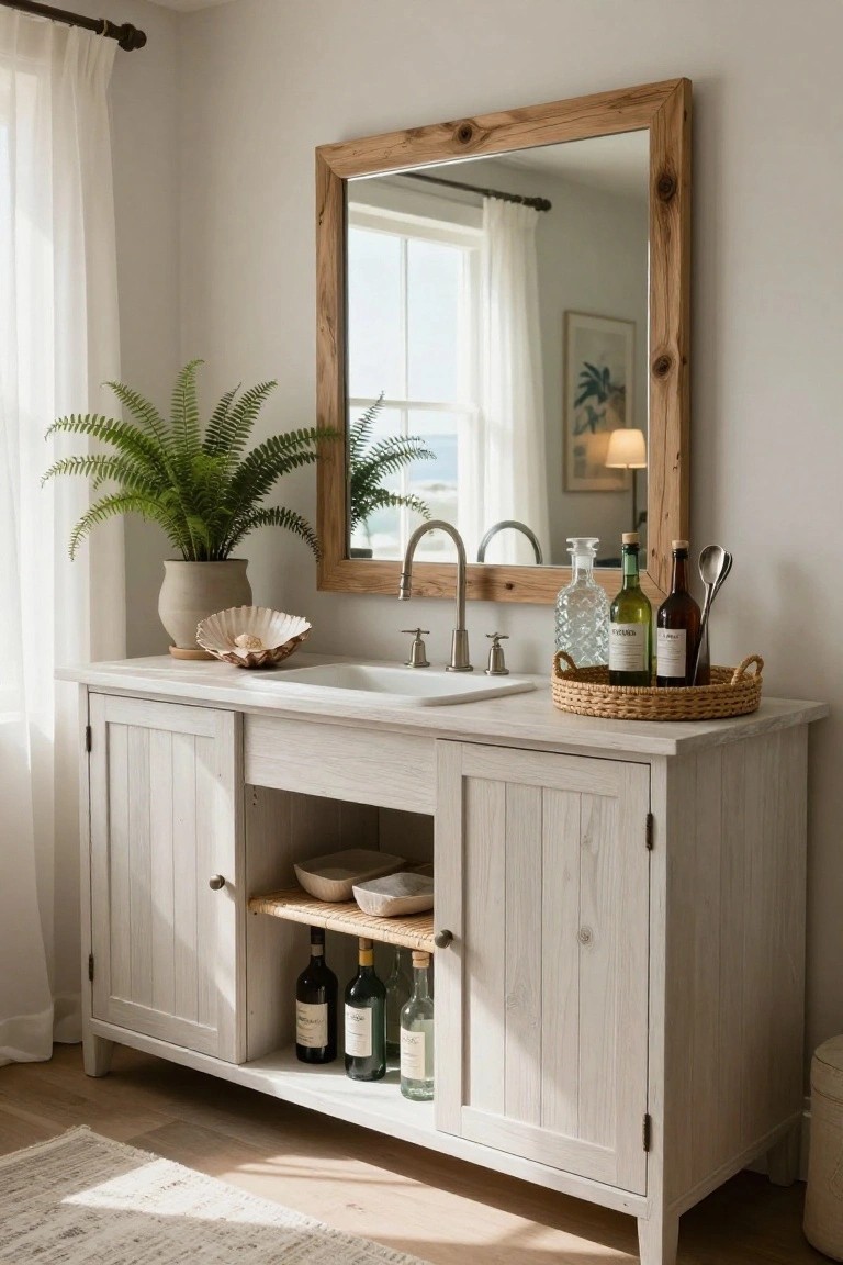 White wooden bathroom vanity with sink, mirror, fern, and wine bottles.
