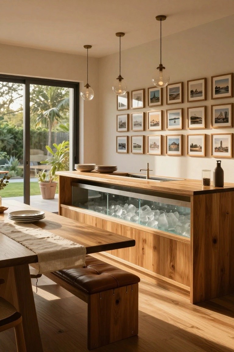 A wooden sideboard with a long glass front filled with ice cubes, used as a bar in a dining room with a table and bench nearby.
