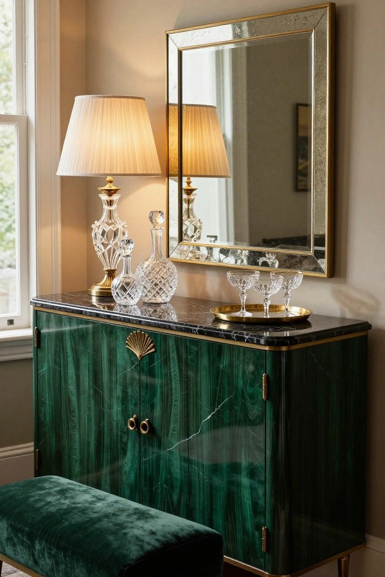 Elegant green marble cabinet with gold mirror, crystal decanters, and velvet bench.
