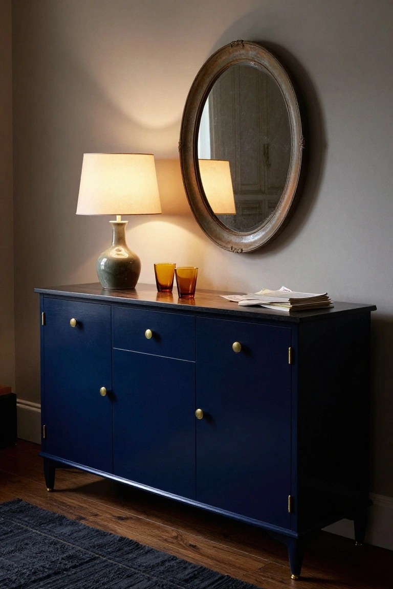 A navy blue sideboard with brass knobs and a wood top holds a table lamp and two amber glasses, with an oval mirror mounted above it on a neutral wall.