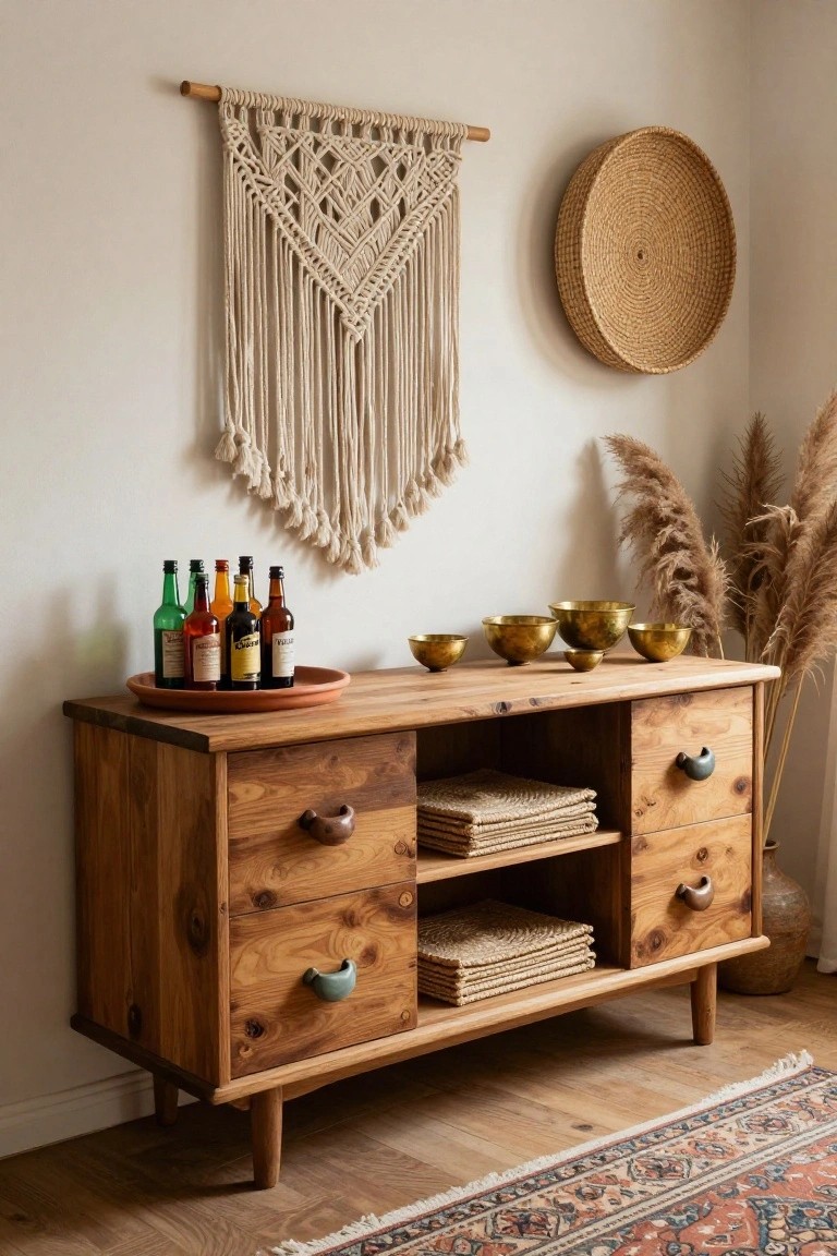 A wooden sideboard with closed drawers and open middle shelves holding stacked woven mats, with bottles and bowls on top.
