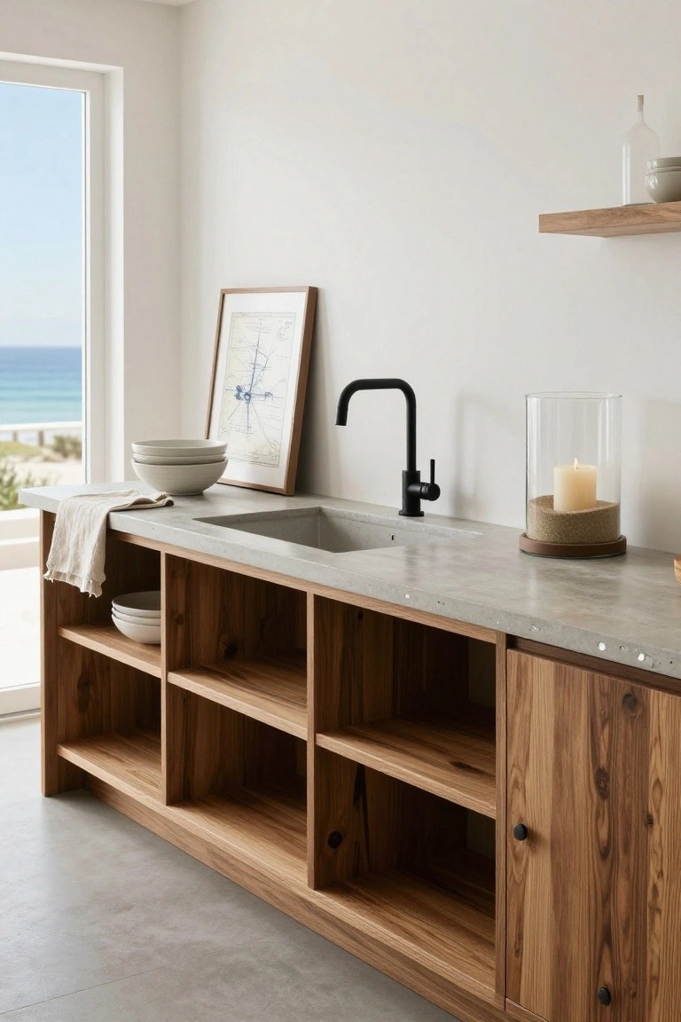 A long wooden sideboard with open cubby shelves, a concrete countertop, and a built-in sink with a black faucet.