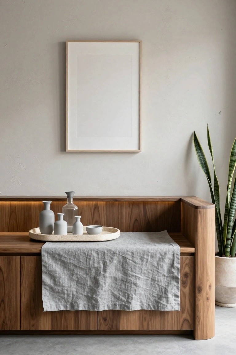A wooden sideboard with a gray linen runner and a stone tray holding several ceramic vases sits below a framed print on a light wall.