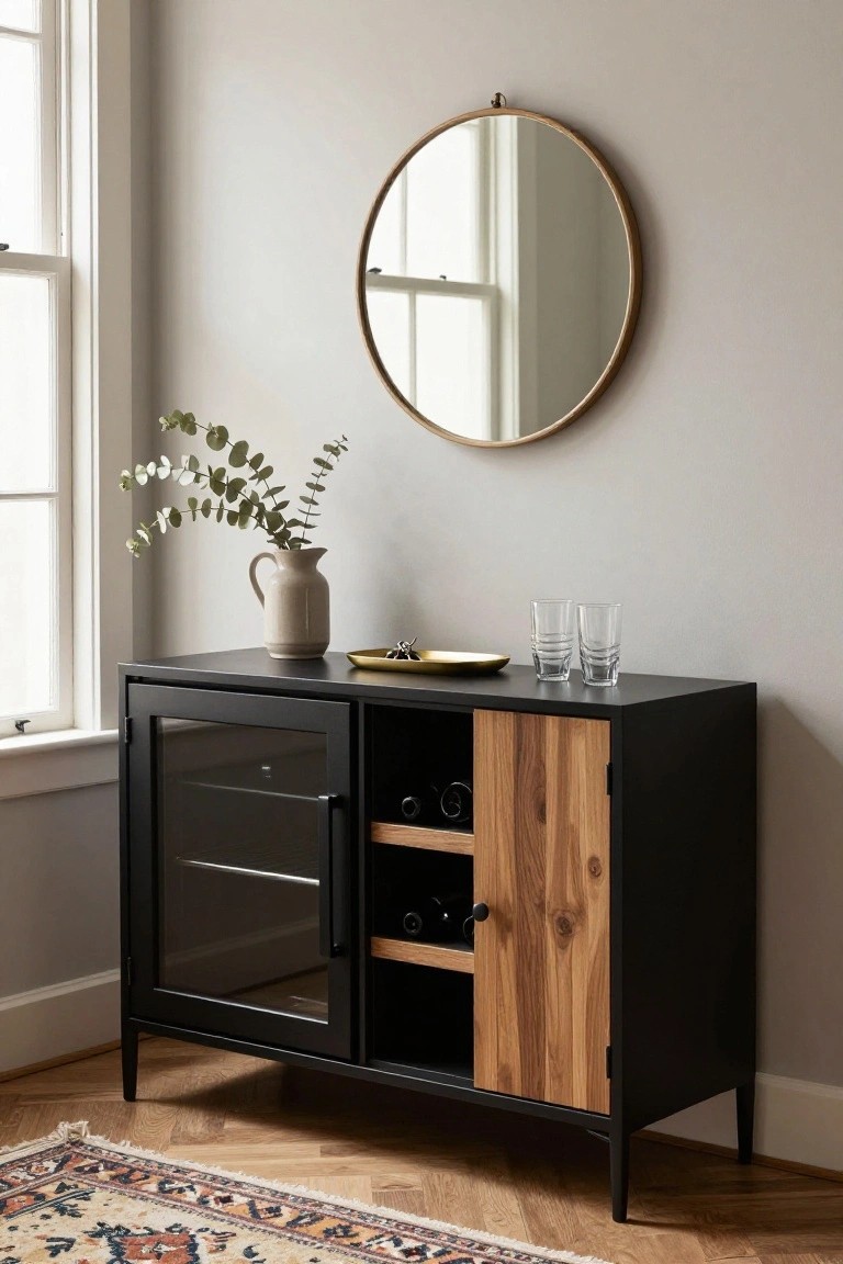 A black sideboard with a glass-front cabinet, open wine bottle shelves, and a wood door panel sits against a light wall under a round mirror.