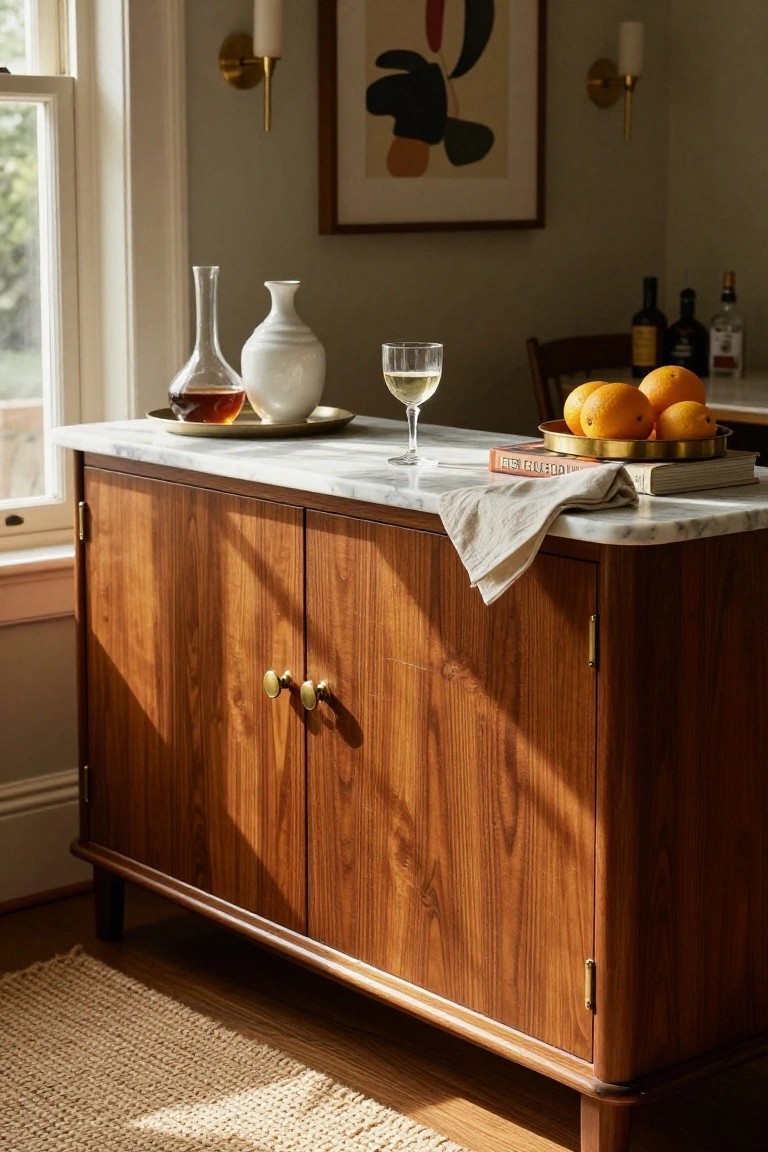 Mid-century walnut sideboard with marble top, wine glass, oranges, and art.
