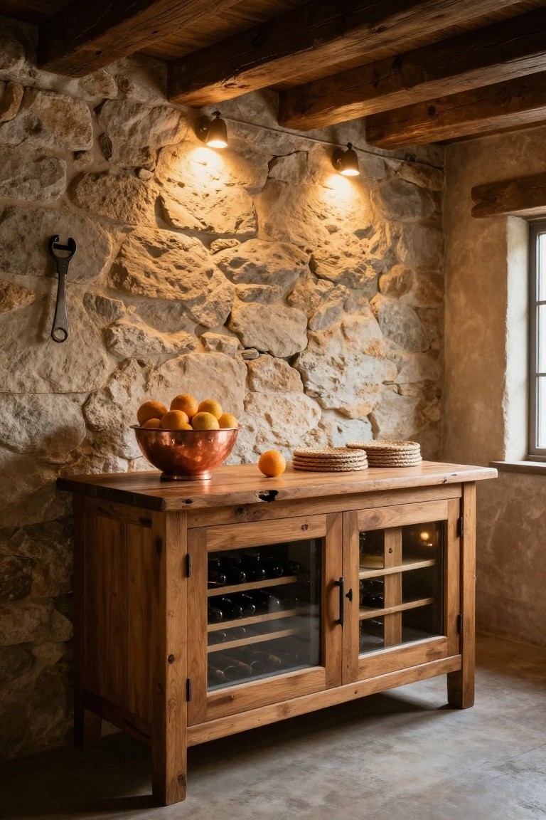 A rustic wooden sideboard cabinet with glass doors displaying rows of wine bottles, topped with a copper bowl of oranges and stacked placemats against a stone wall.
