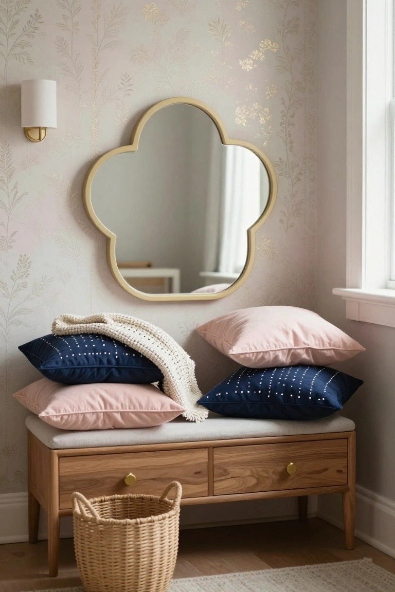 A wooden bench with two drawers and a cushioned seat holds pink and navy pillows beneath a gold-framed cloud-shaped mirror on light floral wallpaper.