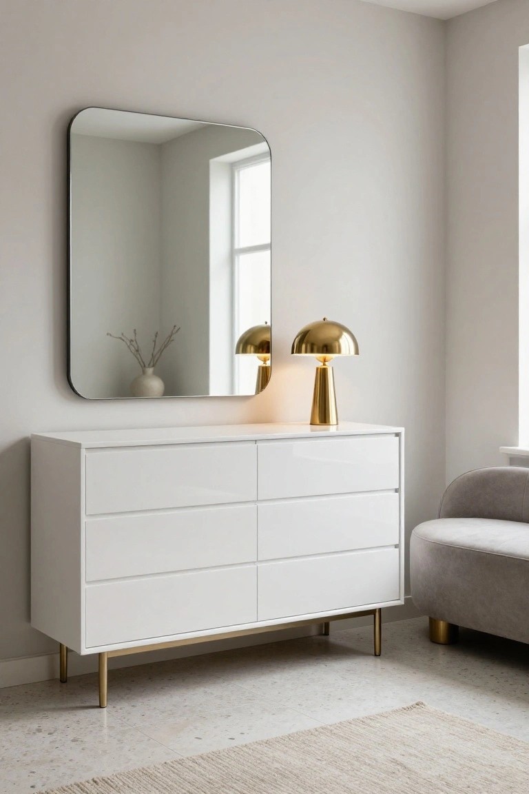 A white six-drawer dresser with gold legs and two gold lamps on top sits under a large rectangular mirror on a light wall.
