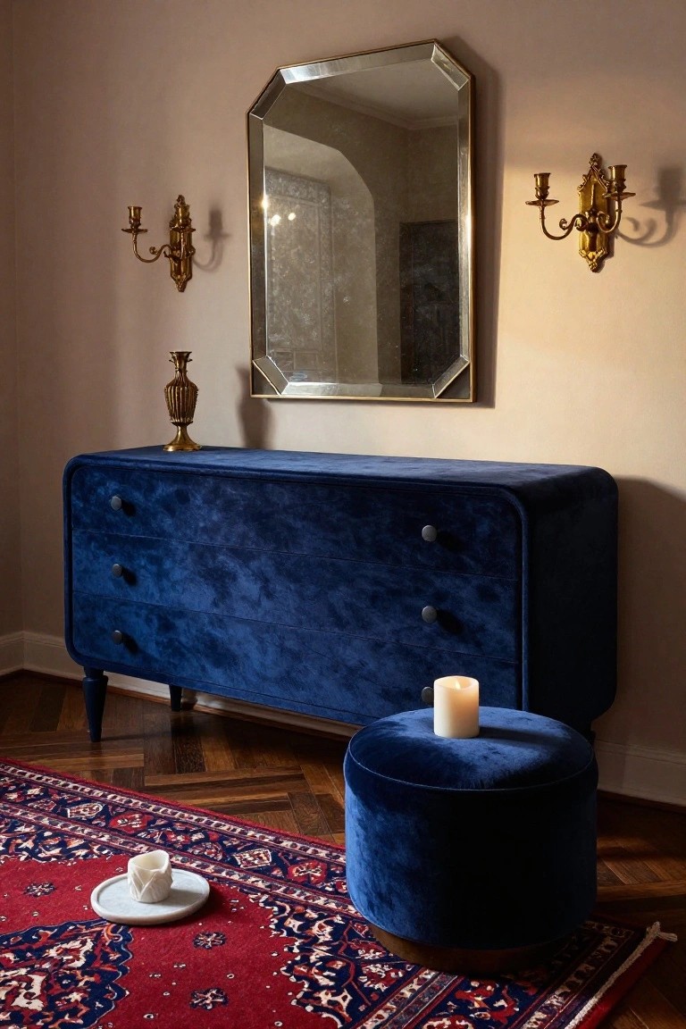 Blue velvet dresser with mirror, brass sconces, and matching ottoman.