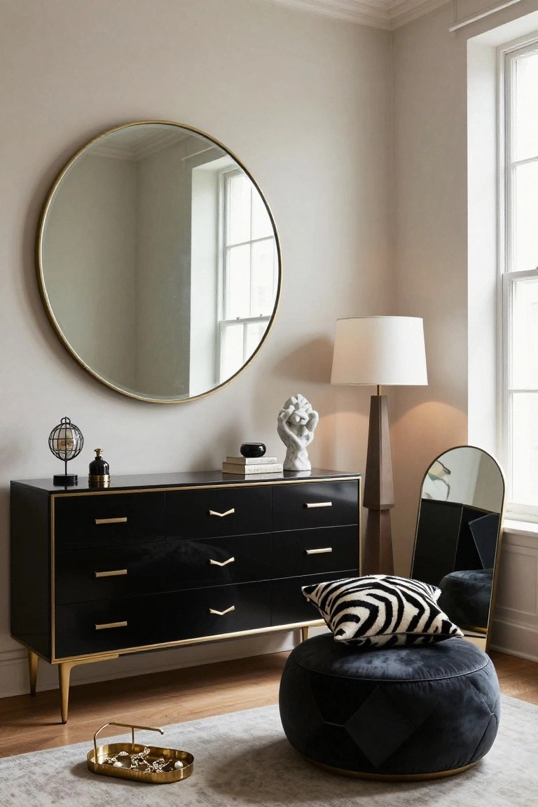Elegant black dresser with gold accents, round mirror, zebra pillow, velvet ottoman.