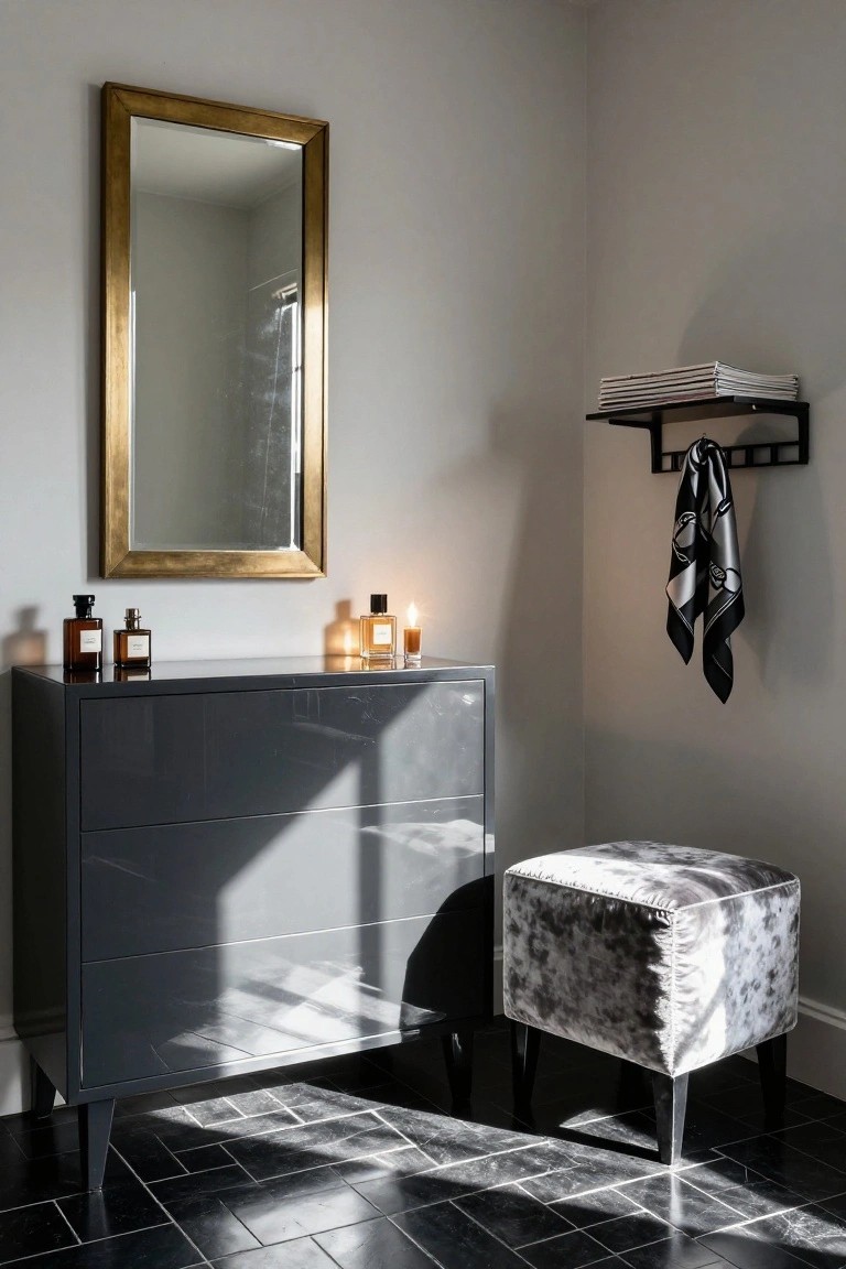 A dark gray glossy dresser with a tall gold-framed mirror above it, holding perfume bottles and lit candles, beside a gray patterned ottoman on black tile flooring.