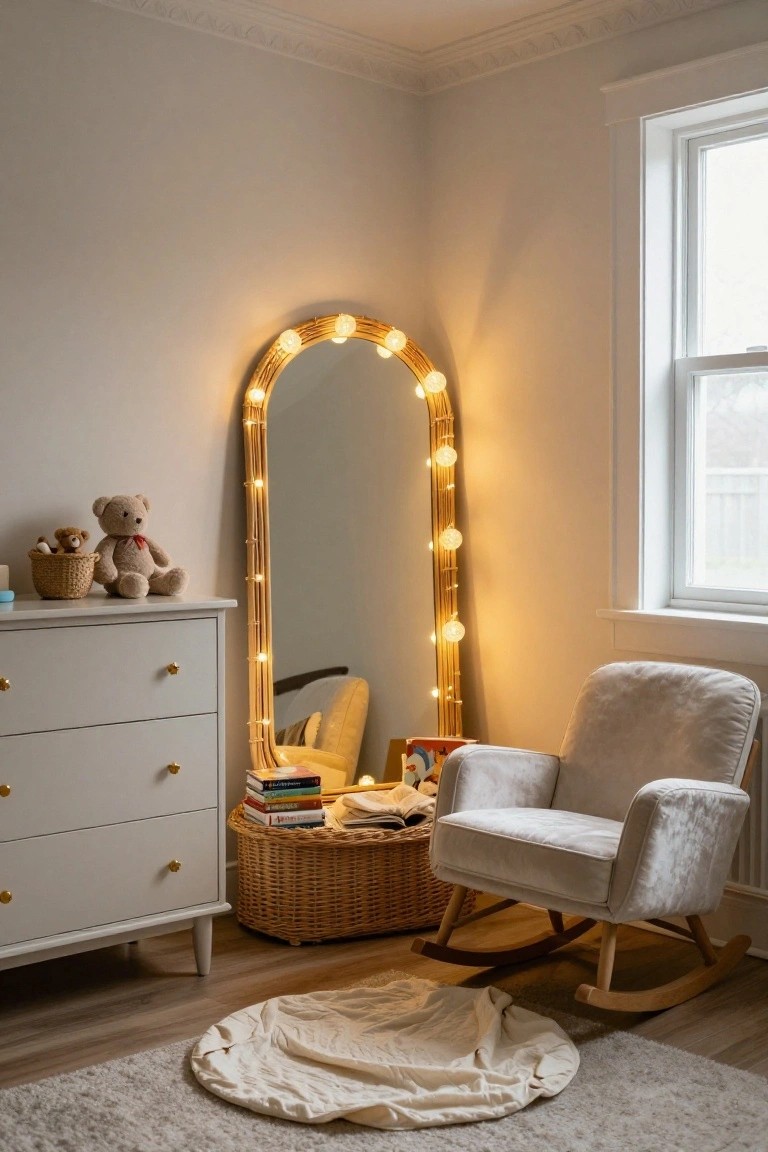 A white dresser with gold knobs sits beside a tall arched mirror outlined with round glowing bulbs, next to a rocking chair and a basket of books in a light-colored room.
