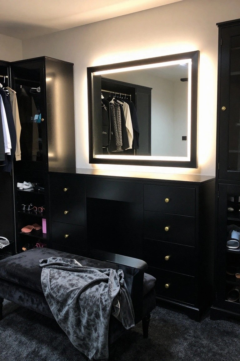 Black vanity dresser with illuminated mirror, bench, and matching wardrobes.
