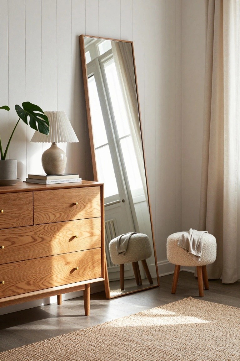 Minimalist room with wooden dresser, tall mirror, and two bouclé stools.