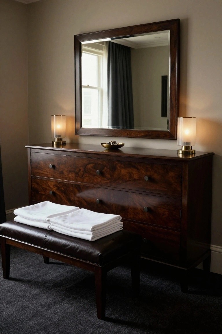 A dark wood dresser topped with two glowing lamps and a small bowl, a large framed mirror above it, and a leather bench holding folded white towels in front.
