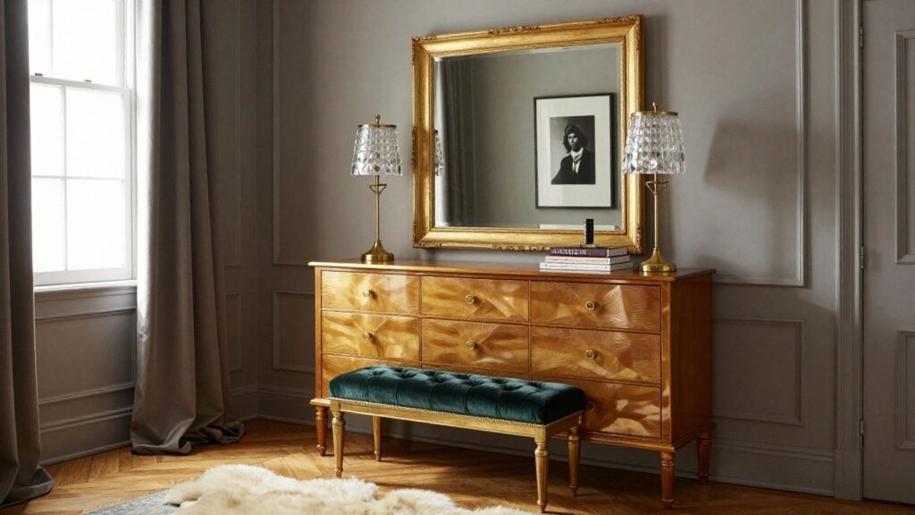 A gold metallic dresser with an ornate gold mirror above it, flanked by two crystal lamps, and a green velvet bench in front.