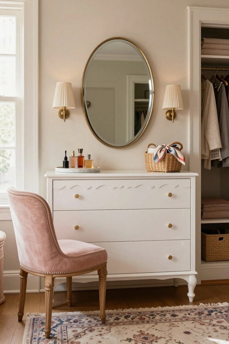 A white dresser topped with perfume bottles sits below an oval gold mirror, with wall sconces on both sides and a pink upholstered chair pulled up in front.