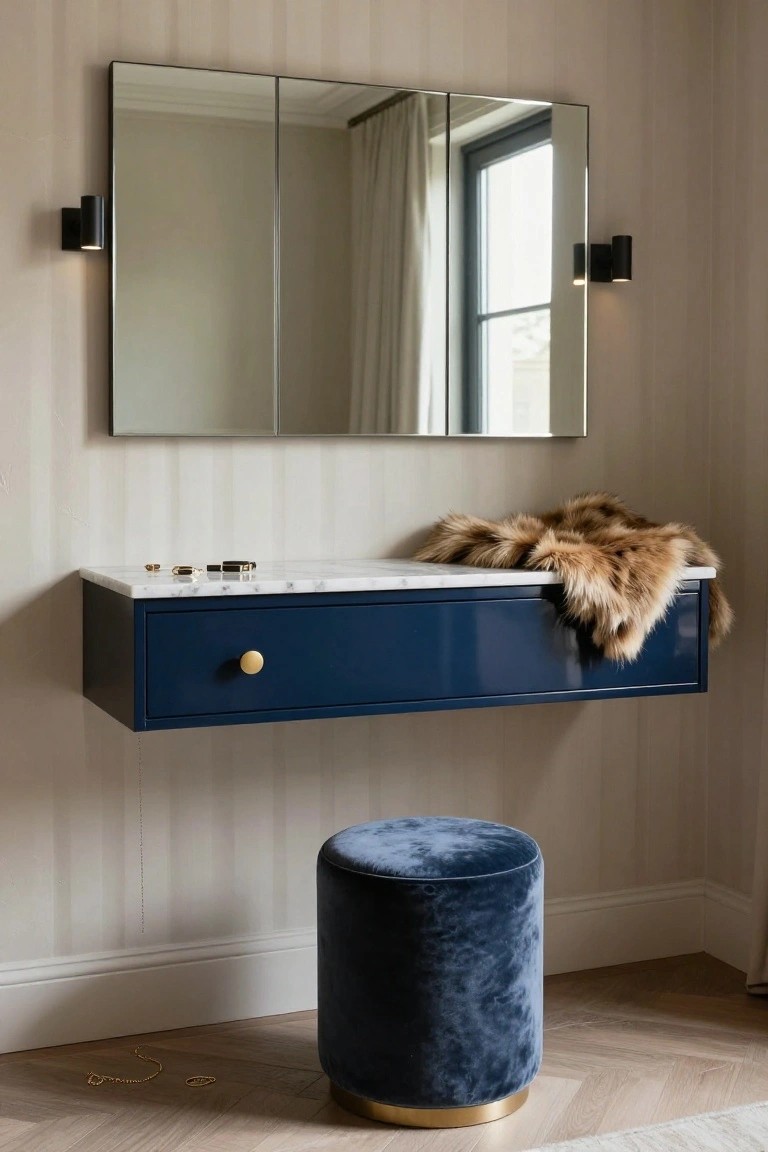 A blue floating vanity with a white marble top is mounted on a light wall below a large three-panel mirror, with a blue velvet stool positioned in front.