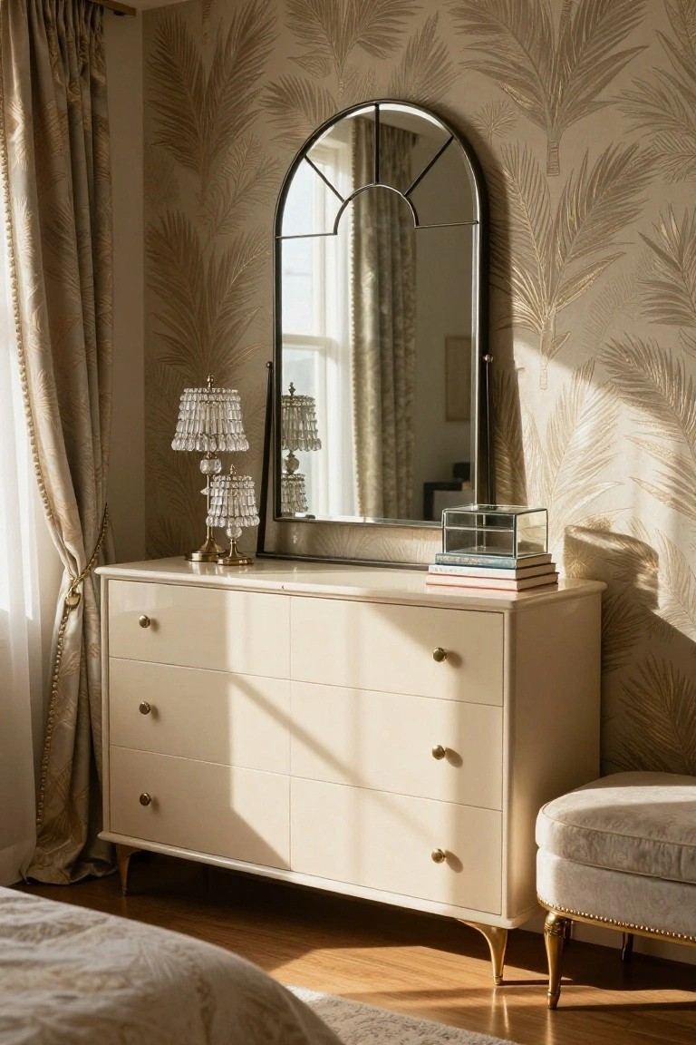 A cream dresser with brass knobs and an arched mirror above it on patterned wallpaper, with a crystal lamp and stack of books on top.
