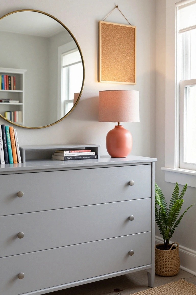 Gray dresser with coral lamp, round mirror, corkboard, and fern.
