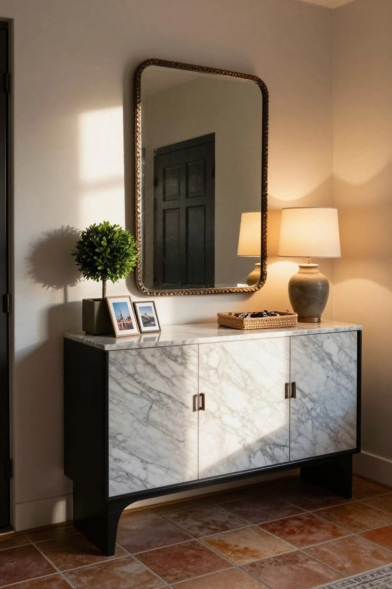 Marble-top black console with mirror, lamps, and plant in entryway.