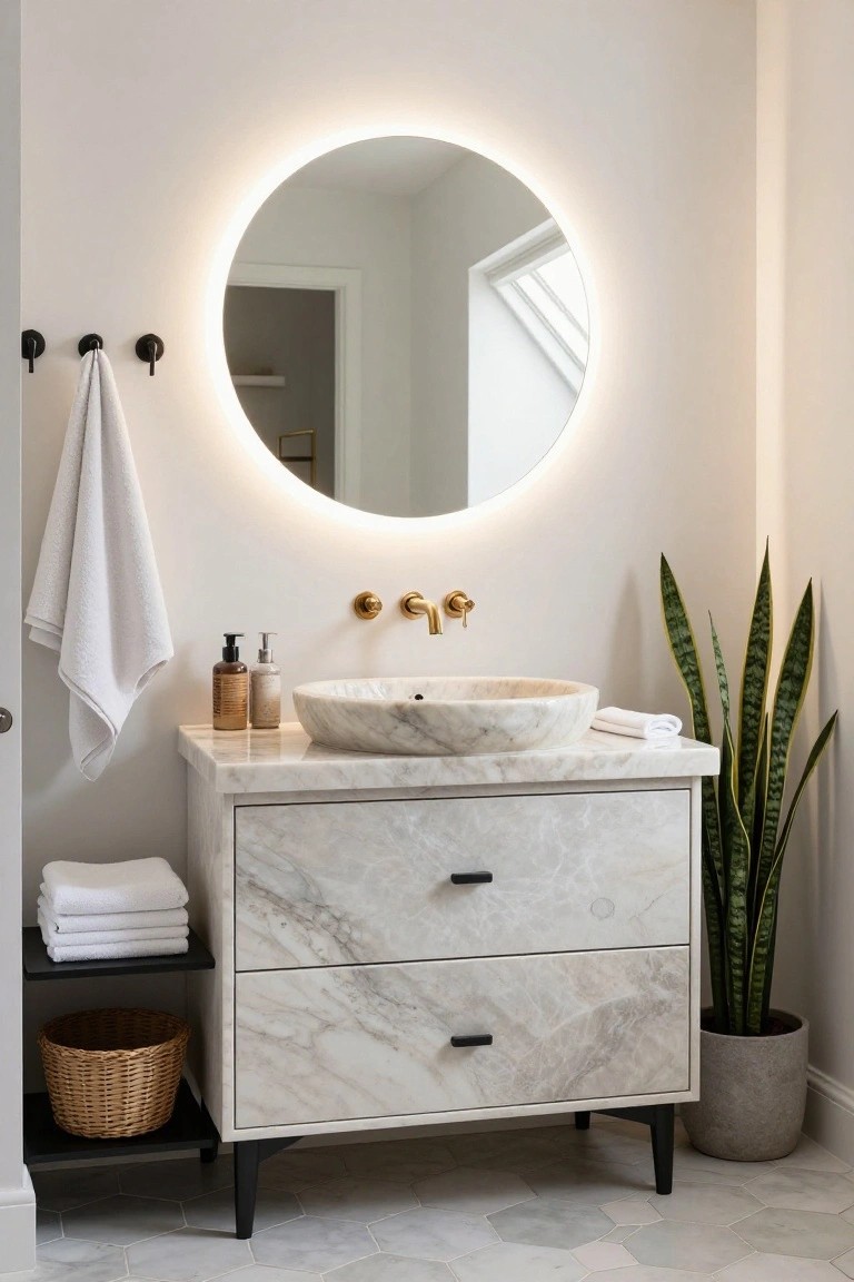 A modern bathroom vanity featuring a marble countertop with an integrated round vessel sink, two drawers with black handles, gold wall-mounted faucet, and a large round backlit mirror above it.