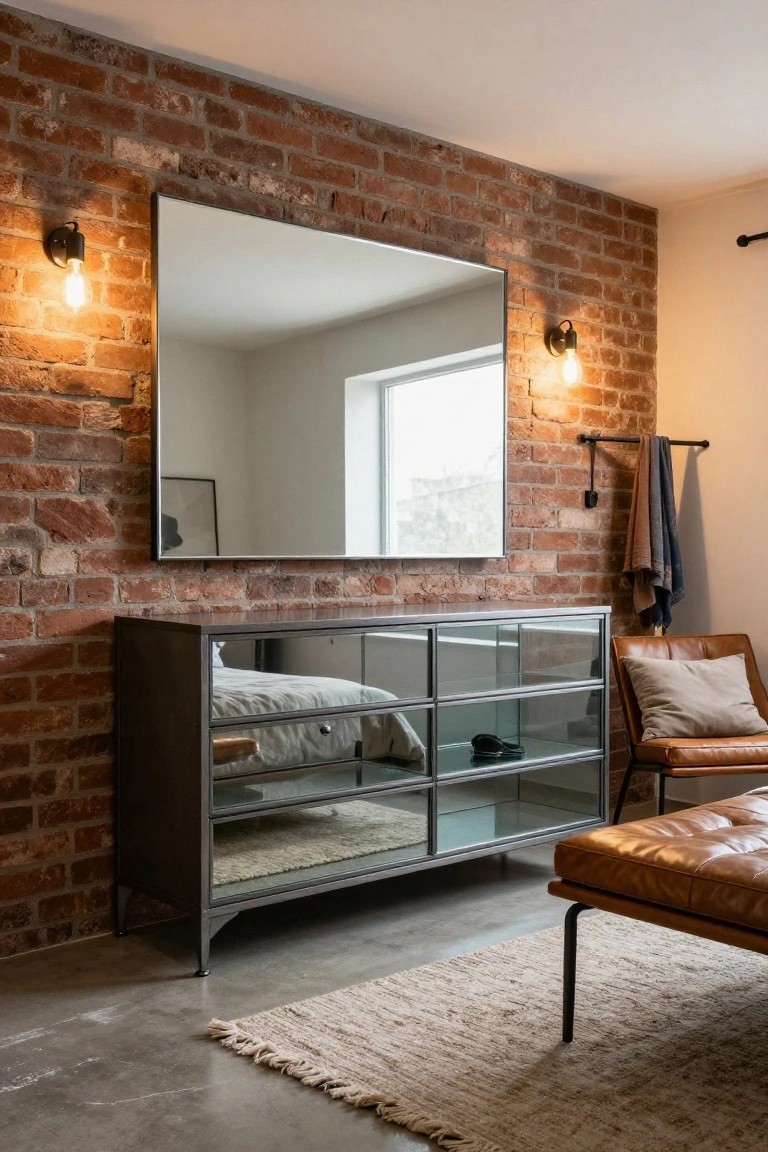 Modern bedroom with brick wall, mirrored dresser, and leather furniture.