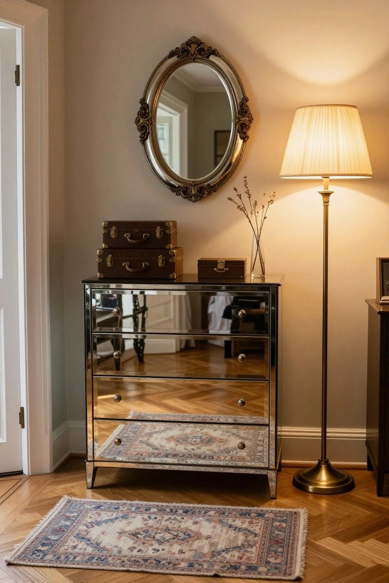 Ornate mirror above mirrored dresser with vintage trunks and brass floor lamp.