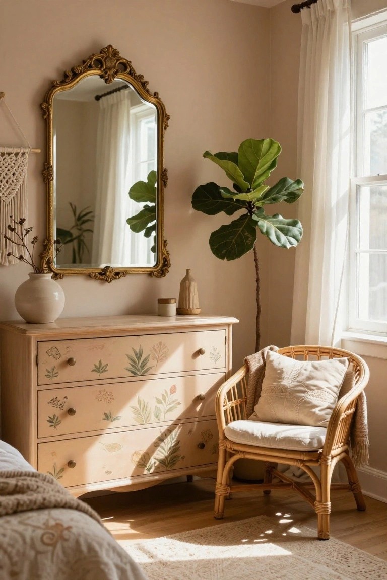 A softly painted dresser with botanical motifs sits beneath an ornate gold mirror in a neutral bedroom corner next to a rattan chair.
