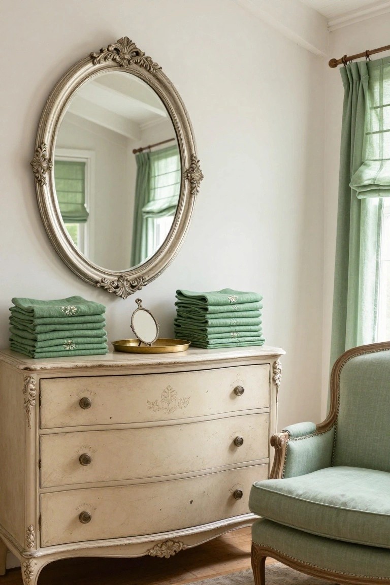 Ornate mirror above cream dresser with green towels and armchair.